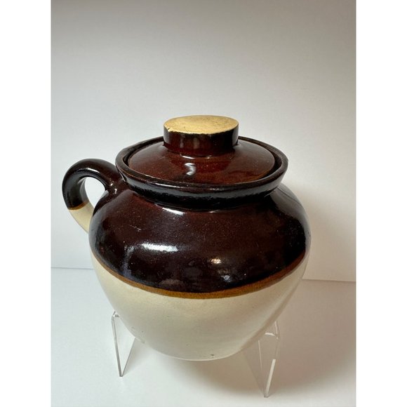 Brown & Tan 1 Quart Bean Stoneware Crock with Lid Made In USA - Picture 4 of 8